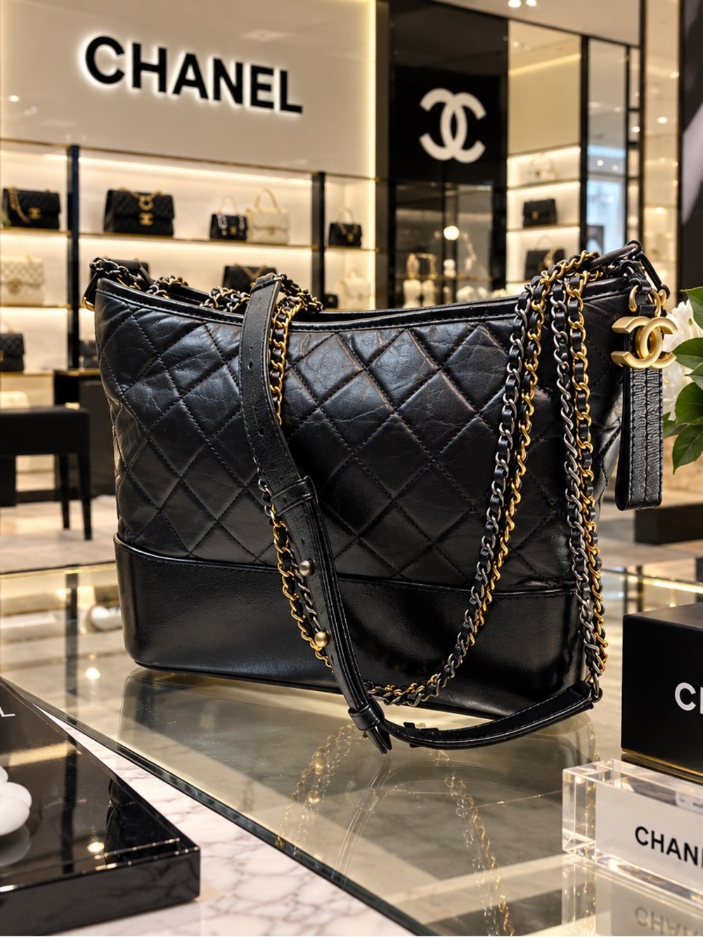 Authentic CHANEL Gabrielle Hobo Bag Medium Black Quilted Aged Calfskin 25-Series